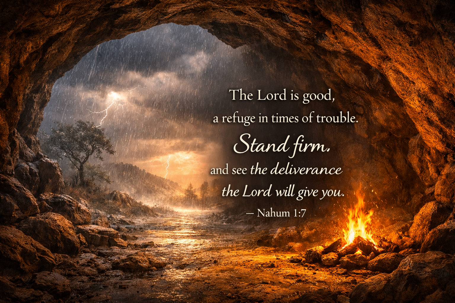 Nahum 1:7 wallpaper cave shelter from storm with warm firelight - He cares for those who trust